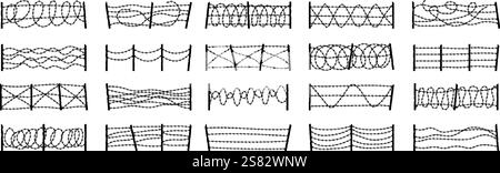 Stacheldrahtzäune. Grenzen der Gefahrenzone aus Stahl Stacheldraht jüngste Vektoren Militärzäune und Eingangssilhouetten Originalkunstwerke Stock Vektor