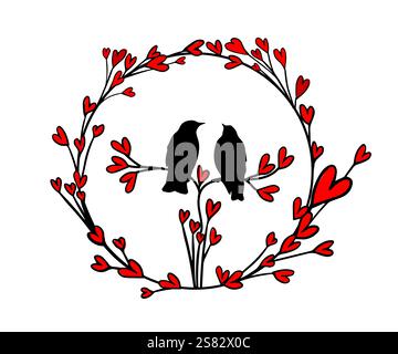 Zwei Vögel mit Herzen. Mit Liebe. Happy Valentine's Day Card. Handgezeichnet. Nicht AI, Vektorillustration. Stock Vektor