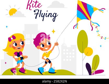 Vektor-Illustration von Menschen, die mit Kites im Freien spielen, mit fröhlichen Sommeraktivitäten, Urlaubsspaß und Glück in einem flachen Zeichentrickhintergrund Stock Vektor