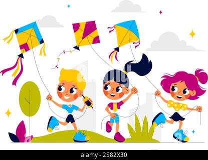 Vektor-Illustration von Menschen, die mit Kites im Freien spielen, mit fröhlichen Sommeraktivitäten, Urlaubsspaß und Glück in einem flachen Zeichentrickhintergrund Stock Vektor