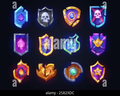 Zeichentrickfilm zerbrochene Schilde. Fantasy-Spiel beschädigter Holzschild, wikinger Krieger Barbaren Spielerbestand ui Spielelement mittelalterliche Schlacht Krieg Ritter Rüstung, schicke Vektor Illustration Original Artwork Stock Vektor