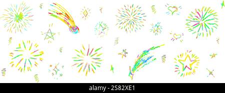 Feuerwerk niedliche Bleistiftlinien Kritzelemente für Geburtstag, Jubiläum. Set aus farbenfrohen Regenbogenskizzen im Stil von Blitz, Explosion und Sonnenstrahlen Stock Vektor
