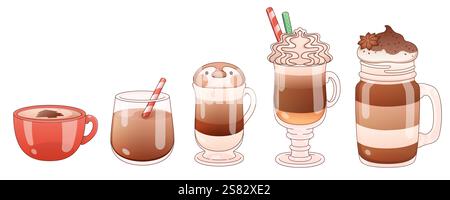Heiße Schokolade und Kaffeegetränke in verschiedenen Gläsern - klassische Keramikbecher, Stiellattglas mit Strohhalm, süßes Getränk mit Pinguin-Belag, W Stock Vektor