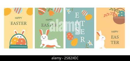 Frohe osterkarten mit süßem Häschen und bunten Eiern. Stock Vektor