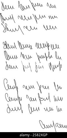 Handgeschriebener Gedichtbrief. Versennotiz mit Freihandtext. Unlesbarer, grober Entwurf mit Stift, isoliert auf weißem Hintergrund. Unleserlicher Kursiv Stock Vektor