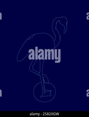 Blauer Hintergrund mit einer blauen Zeichnung eines Flamingos, der auf einer Kugel steht. Der Flamingo ist der Hauptfokus des Bildes, der Ball ist der Hintergrund. Die Stock Vektor
