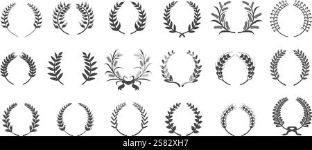 Weizenkranz-Silhouetten. Lorbeerkränze schwarzes Logo, Olivenblatt Zweige griechische Wappen Preis Krone Symbol Leistung Rundrahmen Gewinner Trophäe heraldisch Set ordentliche Vektor Illustration Original Kunstwerk Stock Vektor