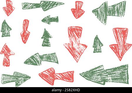 Pfeil Set Buntstift Zeichnung. Handgeschriebene Symbole mit Kreide. Rote und grüne Richtungszeiger mit Bleistift isoliert auf weißem Hintergrund. Vektorhandgezeichnete Illust Stock Vektor