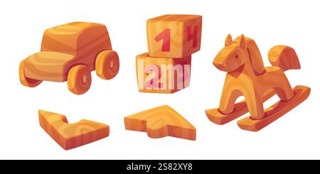 Holzspielzeugkollektion mit klassischen Designs – Auto-Fahrzeug mit Rädern, nummerierte Lernblöcke, schaukelnde Pferdefigur, Puzzles mit geometrischen Formen. Naturmaterialspielsachen für die frühkindliche Entwicklung. Stock Vektor