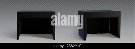 Schwarzes Modell der Kabine – tragbare Theke mit dekorativer Muschelleiste aus verschiedenen Winkeln. Realistische, dunkle Standschablone für Messen, Einzelhandelspräsentationen oder Visualisierung von Veranstaltungsräumen. Stock Vektor