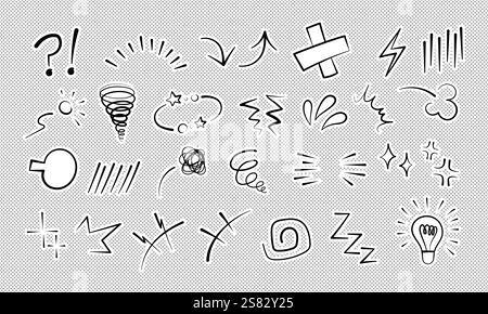 Manga oder Anime Comic Emoticon Element Grafik Effekte Hand gezeichnet Doodle Vektor Illustration Set. Stock Vektor