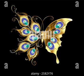 Künstlerisch gezeichnet, Fantasy, Golden, Schmuck Schmetterling mit glänzenden, schönen Flügeln und Pfauenfedern auf schwarzem Hintergrund. Goldener Schmetterling Pfau Stock Vektor
