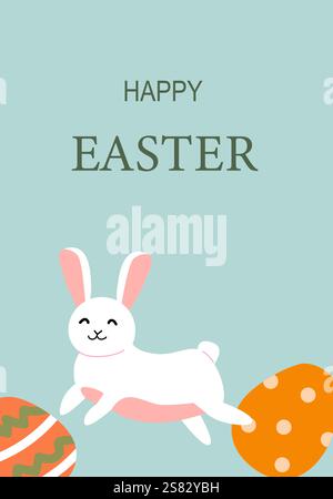 Glückwunschkarte mit süßem Häschen und bunten Eiern. Stock Vektor