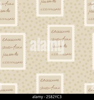 Schreibe handgeschriebenen Text auf Briefmarken nahtloses Muster. Unlesbarer, endloser Hintergrund für Buchstaben. Unleserlicher Hinweis wiederholter Umschlag. Vektor-Vintage-Di Stock Vektor