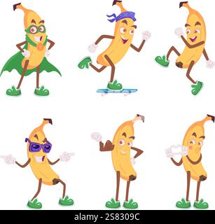 Bananenfiguren. Lustige Zeichentrickfrucht Maskottchen in Aktion Posen und verschiedene Emotionen auf niedlichem Gesicht exakte Vektor Banane Stock Vektor