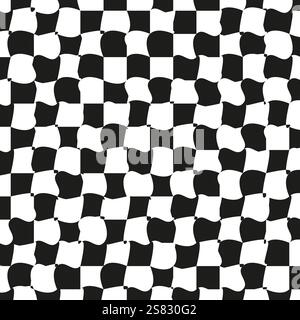 Verzerrter Schachbretthintergrund. Schwarz-weiße Quadrate. Abstraktes, gewölbtes Design. Grafisches Vektormuster. Stock Vektor