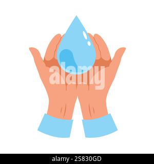 Hände halten Tropfen Wasser. Umweltschutz. Blauer, sauberer Tropfen. Protect Poster, natürliche Flüssigkeit, heißes Getränk. Einfaches Design mit Symbolen. Cartoon Stock Vektor