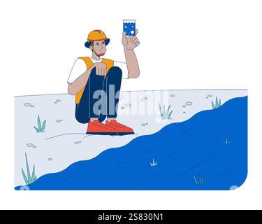 Feldarbeiter, der Fluss-Wasser-Qualität-Cartoon-flache Illustration prüft Stock Vektor