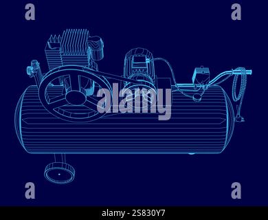 Blaue Zeichnung eines Kompressors mit Motor. Der Kompressor wird in einem 3D-Format angezeigt Stock Vektor