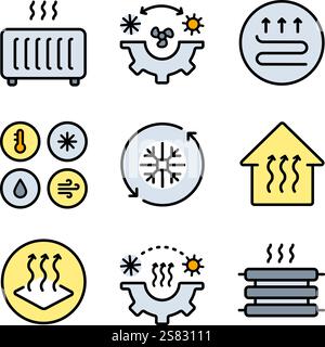 HLK-Symbole eingestellt. Kommerzielle Dienstleistungen. Heizungs- und Kühlsystem. Klimaanlage. Isolierte Vektordarstellungen. Einfache Farbsymbole für Vorlagen, WE Stock Vektor