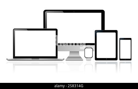 Sammlung silberfarbener Geräte für Bildschirmmodelle. Realistisches Vektordesign für Desktop-Computer, Laptop, Tablet, Smartphone und Smart Watch mit b Stock Vektor