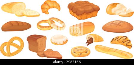 Cartoon Backwaren. Brot ganze Brote und geschnittene Scheiben, Gebäck Lebensmittel französisch Baguette Croissant mit Weizen Roggen Körner Bagel Bite Brötchen, Backwaren ordentlich Vektor Illustration Original Kunstwerk Stock Vektor
