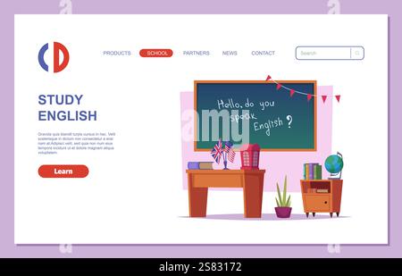 Schullandung. Webseitenvorlage englische Studienpräsentation. Vektorschulungskonzept Stock Vektor