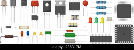 Elektrische Mikroelemente. Transistoren Widerstände und Halbleiter Ausrüstung für elektrische Hardware aktuelle Vektor-Flachbilder Stock Vektor
