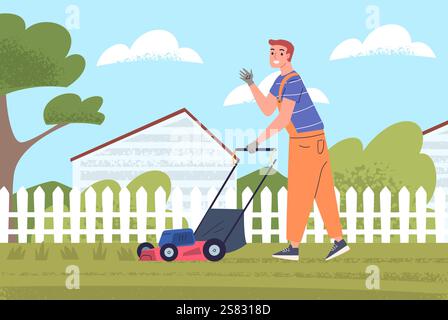 Mann Rasenmähen. Gärtner mit Rasenmäher Mähen Gras auf Hinterhof grüne Naturlandschaft, Gartenpflege Arbeit professionelle Gärtner, Cartoon Gartenarbeit klassische Vektor Illustration Original Kunstwerk Stock Vektor