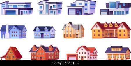 Cartoon Vorstadthäuser. Amerikanisches Vorort Haus, modernes Cottage Gehäuse Wohnvilla Außenfassade Nachbarschaft Wohndorf Gebäude gesetzt, schicke Vektor Illustration Original Kunstwerk Stock Vektor