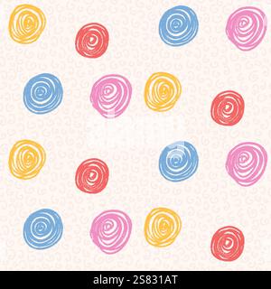 Polka Dots verspielter, nahtloser Buntstift gezeichnet. Kreis Konfetti endloser Hintergrund. Geburtstagsrunder Punkte mit Bleistiftwiederholung. Scribble Spots mar Stock Vektor