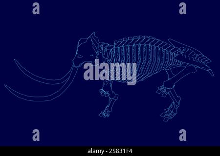 Blaues Bild eines Skelett-Elefanten mit langem Stoßzähn. Das Gerüst wird in einem blauen Farbschema angezeigt Stock Vektor