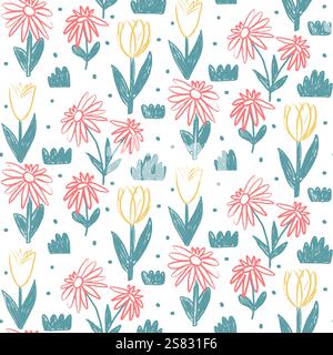 Blumenstift gezeichnet nahtloses Muster. Farbenfroher, durchgehender Hintergrund mit Blumenmuster. Gestylter Botanik-Repeater-Cover. Tulpe, Gänseblümchen und Gras. Oberflächenmuster desig Stock Vektor