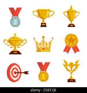 Goldene Trophäen im Retro-Videospiel. Medaillen, Pokale, Krone und Statuette, Siegerpreise, mobile App, erster Preis, Zielsymbol Stock Vektor