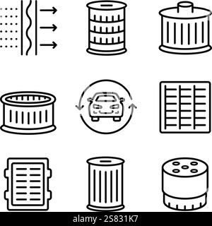 Verschiedene Symbole für Autofilter eingestellt. Lineare Abbildung von Öl, Benzin und Luftfilter zur Reinigung von Kraftstoff, Luft und Öl. Sammlung von Symbolen für die Servicelinie des Fahrzeugs. Vehicle Stock Vektor