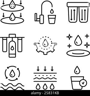 Einfacher Satz wasserbezogener Vektorlinien-Symbole. Symbolgruppe Wasseraufbereitung. Sammlung der Abwasseraufbereitung. Osmose und Entsalzung. Filtrationsverfahren Stock Vektor