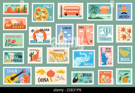 Briefmarken. Landschaftspunkte architektonische Objekte Bunte Illustrationen für Postkarten aktuelle Vektorvorlagen Bilder Stock Vektor