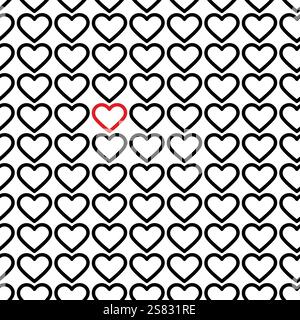 Schwarz und ein Rot umreißen das nahtlose Herzmuster. Valentinstag oder Weißer Tag konzeptueller Hintergrund. Isolierte Vektor-Illustration Thematische Karten oder Web-Promo-Broschüren Hintergrundbild, Preis, Etikett, Verpackung Stock Vektor