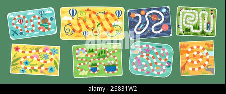 Brettspiel. Papier farbenfrohe Karte für verschiedene Bretter Strategiespiele aktuelle Vektorlabyrinth für Kinder Stock Vektor