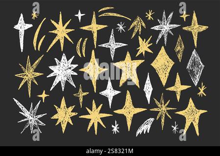 Vektor funkelt Sterne Doodle Set. Buntstifte auf Tafel packen. Kometen und futuristisches Blinzeln am Nachthimmel mit Kreide. Hand gezeichnet mit Bleistift illustr Stock Vektor