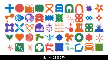 Set mit geometrischen Riso-Mustern. Brutalistische Figuren. Retro y2k-Formulare. Einfache grafische Verzerrungsaufkleber. Primitive, körnige Symbole. Vektor flach refr Stock Vektor