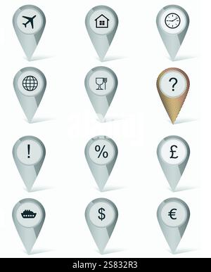 Satz von Markierungen mit Symbolen. Pins zuordnen. Stock Vektor
