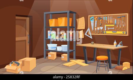 Innenraum der Werkstatt. Haus Schuppen oder Lagerraum im Haus, Mechaniker oder Zimmermann Werkbank mit Reparaturwerkzeug Peg Brett Wand Hardware Regal, Cartoon ordentliche Vektor Illustration Original Kunstwerk Stock Vektor