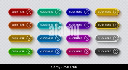 Klicken Sie hier, Schaltflächensatz, Link-Mausklick, transparenter Hintergrund. Vektor Stock Vektor