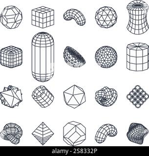 Sammlung abstrakter geometrischer Drahtmodell-y2k-Formen. Abstraktes futuristisches Design. Stock Vektor