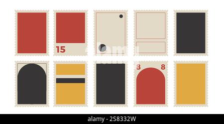 Briefmarkensatz. Leere Postkartenpackung. Vektor Hand gezeichnet flache Sammlung Illustration isoliert auf weißem Hintergrund. Perforierte Papiermarke Stock Vektor