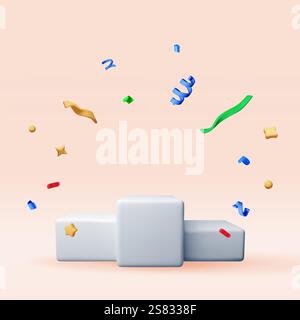 Weißes 3D-Podium mit Konfetti isoliert. Stock Vektor