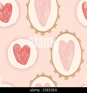 Herzen im ovalen und runden Vintage-Rahmen mit nahtlosem Muster. Valentinstag Coquette wiederholte Hintergrund. Liebessymbole endlose Kulisse. Romantischer Retro-Stil Stock Vektor