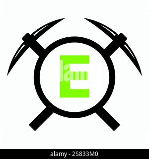 Initial Letter E Mining Logo kombiniert mit Pickaxe Symbol Vector Template Stock Vektor