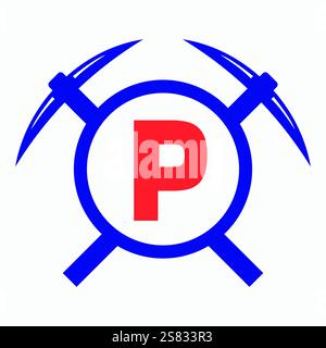 Initial Letter P Mining Logo kombiniert mit Pickaxe Symbol Vector Template Stock Vektor